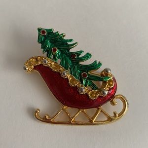 VTG Christmas Sleigh Brooch Pin w/Christmas Tree Enamel Rhinestones Red Green
